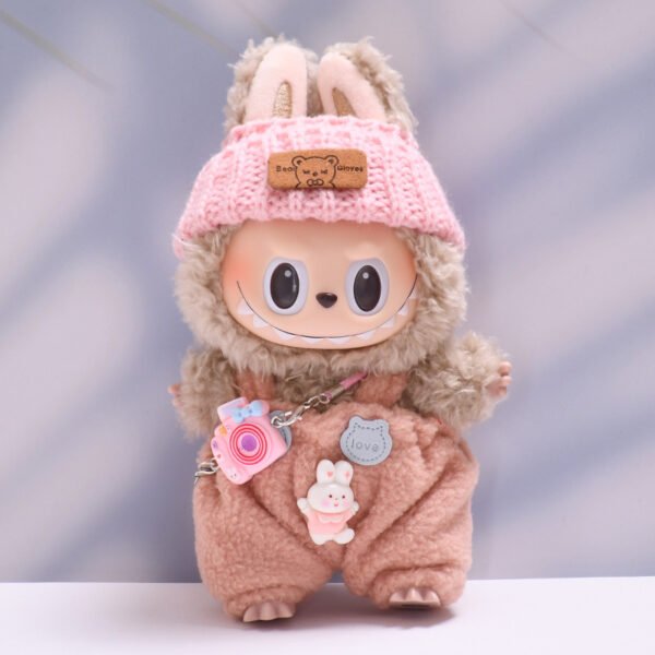 Labubu clothes Pink suspenders pants Teddy bear woolen hat Camera