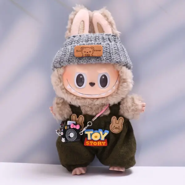 Labubu clothes green suspenders pants Teddy bear woolen hat Camera